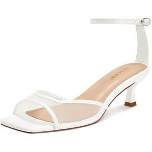 Women's Matte White Mesh Kitten Heels Sandals Square Toe Buckle Strap Low Heel